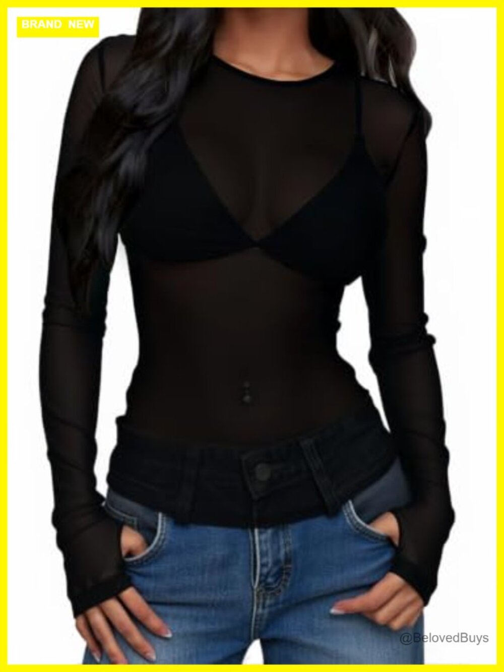 Sheer Mesh Long Sleeve Top with Thumb Hole